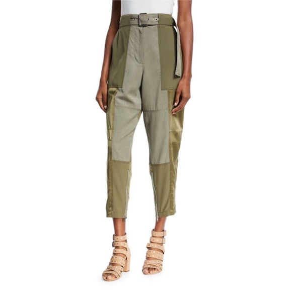 3.1 Phillip Lim Pants - 3.1 Phillip Lim Sage Green Belted High Waisted Patchwork Cargo Pant